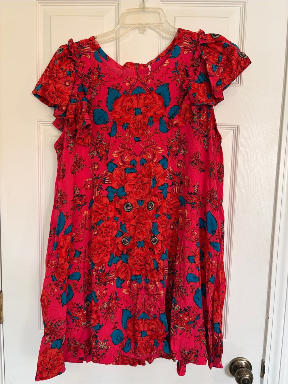 Free People Floral Ruffle Sleeve Pink Swing Dress with Teal Accents